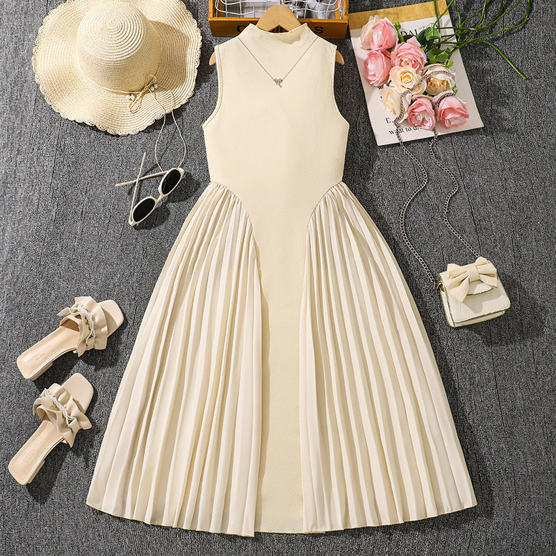 Girls' Stand Collar Elegant Pleated Stitching Sleeveless Formal Dress