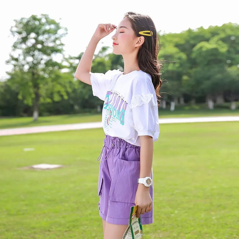 Girls Casual Fashion Short Sleeve Shorts Two Piece Set