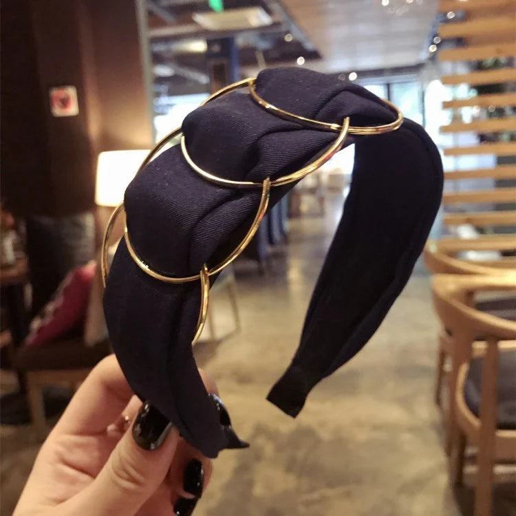 Hair Accessories Headband Women Fashion Golden Ring Cross Stitching Fabric Wide Side