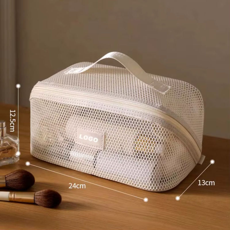 Breathable Storage Beauty Mesh Splicing Large Opening Makeup Bag with Zipper Closure