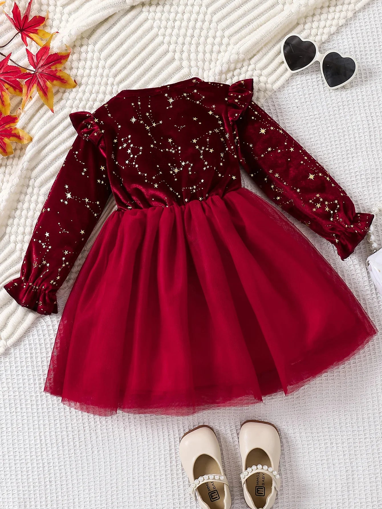 Toddler Girl Party Dress Autumn Winter  Years Children Christmas And New Year Princess Dress Red Velvet Gown Stars Mesh Dress