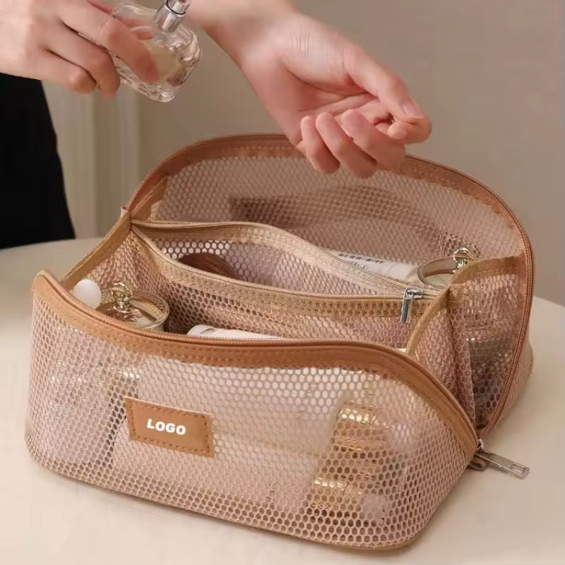 Breathable Storage Beauty Mesh Splicing Large Opening Makeup Bag with Zipper Closure