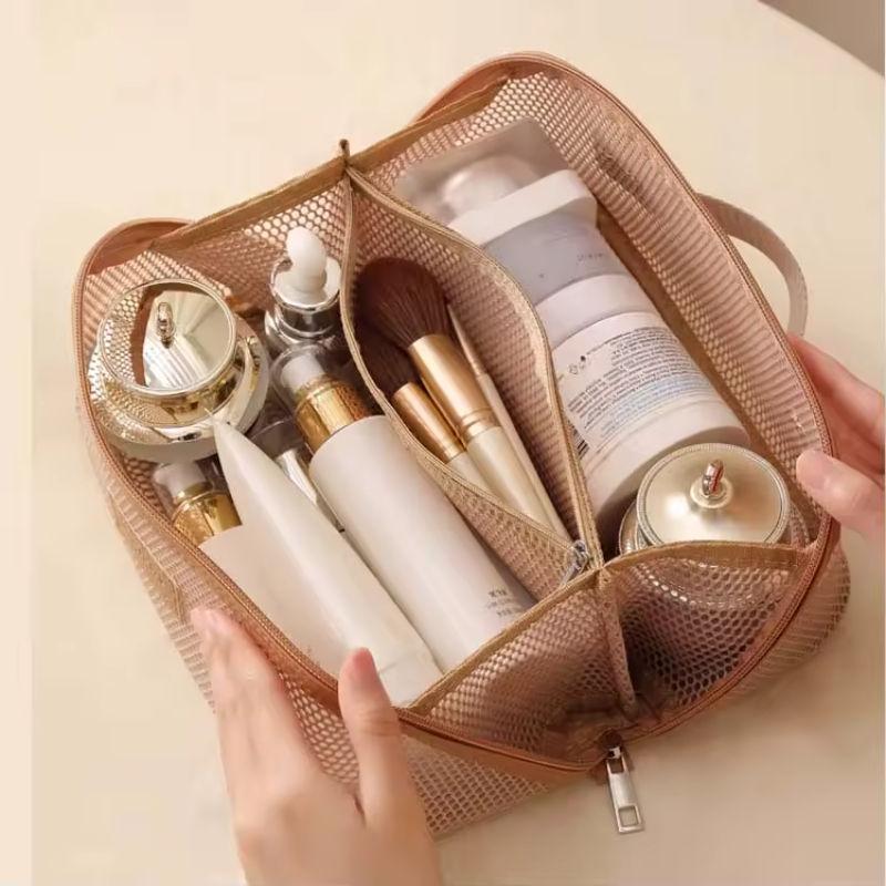Breathable Storage Beauty Mesh Splicing Large Opening Makeup Bag with Zipper Closure