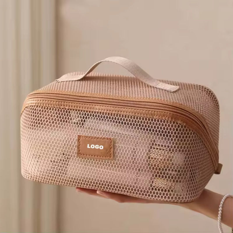Breathable Storage Beauty Mesh Splicing Large Opening Makeup Bag with Zipper Closure