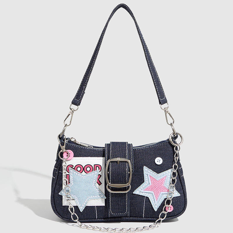 Retro Mini Handbag for Women Colorblock Star Chain Shoulder Crossbody Bag Cute Kawaii Punk Style Bag for Girls and Students