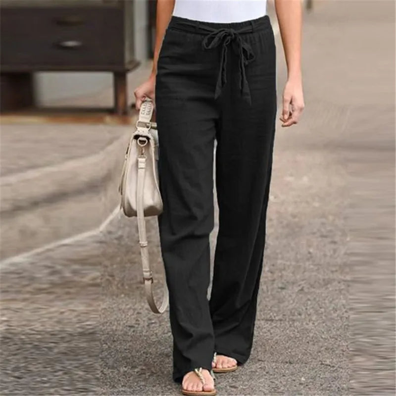 Women Cotton Linen Loose Pants Summer High Elastic Waist Drawstring Wide Leg Trousers JYFS-HS1435