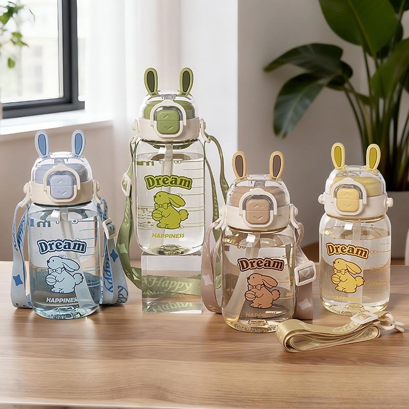 Children's Cartoon PC Straw Type Water Bottle Anti-Drop for School Kindergarten Elementary Girls Portable