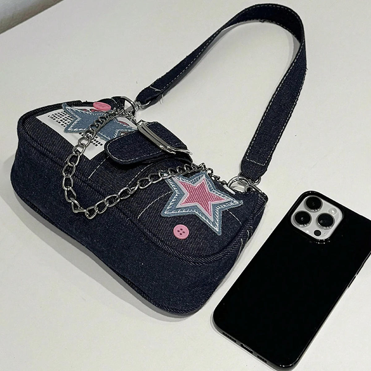 Retro Mini Handbag for Women Colorblock Star Chain Shoulder Crossbody Bag Cute Kawaii Punk Style Bag for Girls and Students