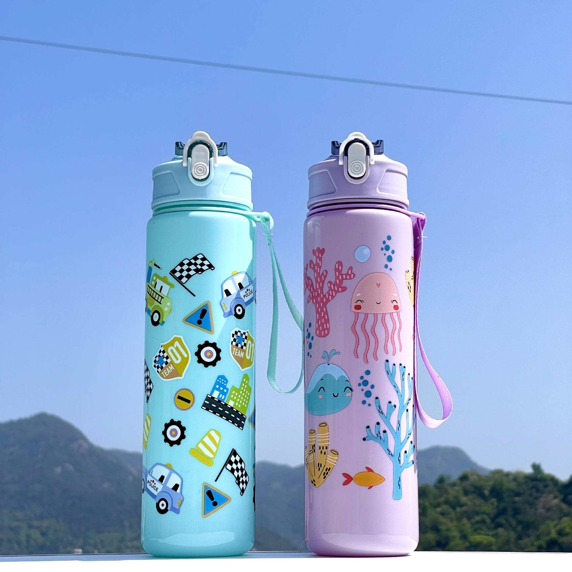 Large-Capacity Plastic Water Cup with Portable Rope Cute Cartoon Pattern Direct Straw Flow for Children's Travel