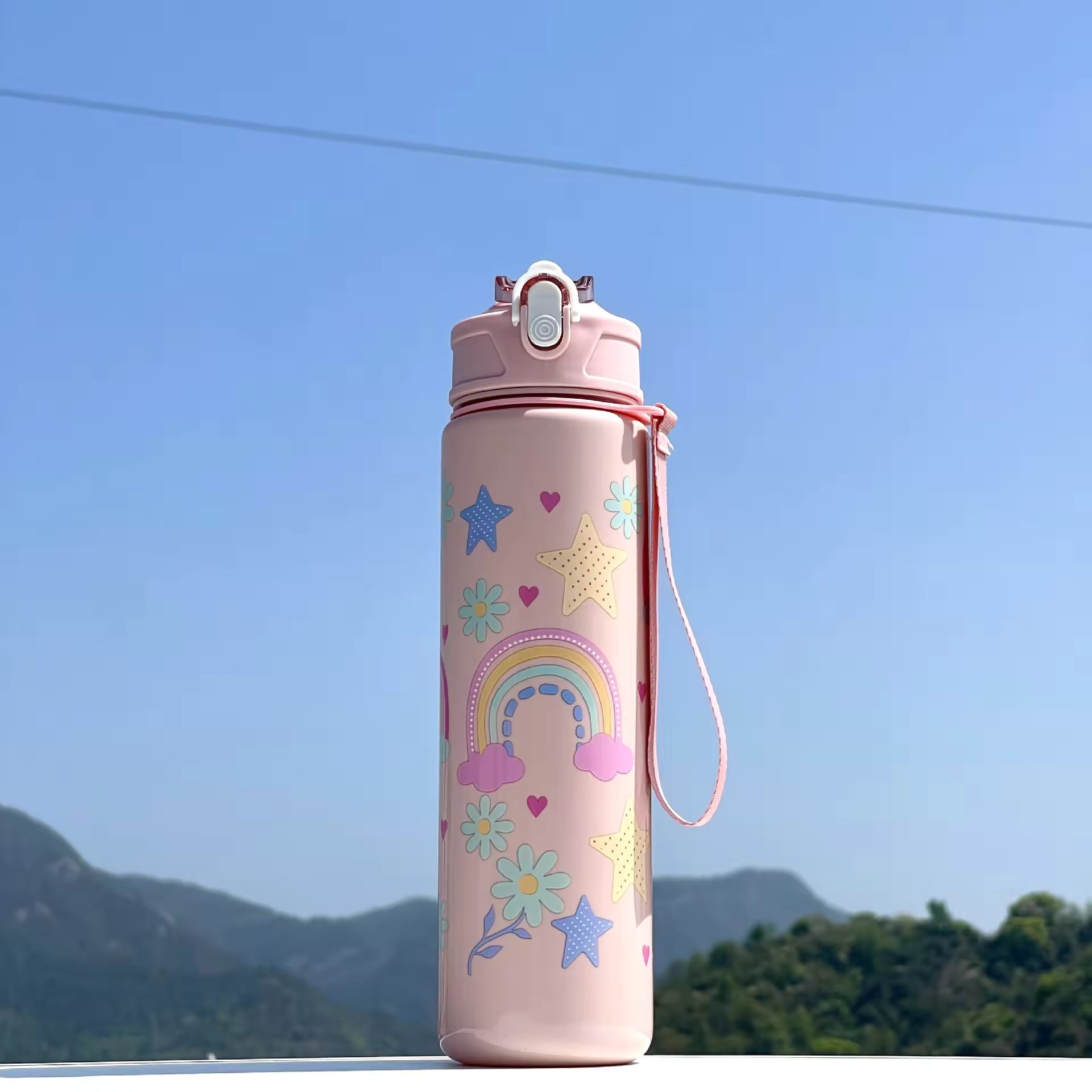 Large-Capacity Plastic Water Cup with Portable Rope Cute Cartoon Pattern Direct Straw Flow for Children's Travel