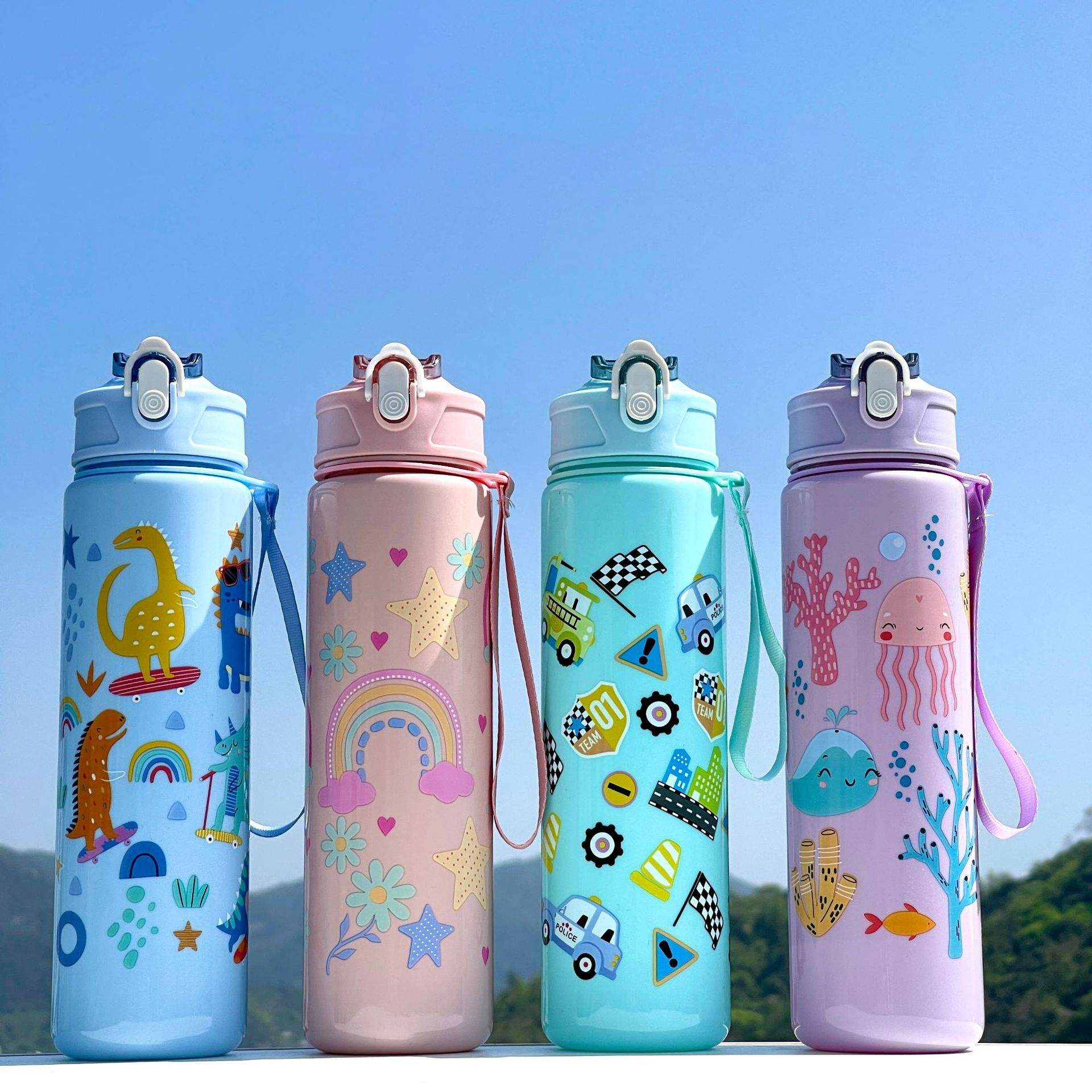 Large-Capacity Plastic Water Cup with Portable Rope Cute Cartoon Pattern Direct Straw Flow for Children's Travel