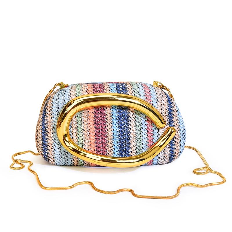 Retro Metal Handle Chain Box Handbag Colorful Grass Woven Evening Clutch