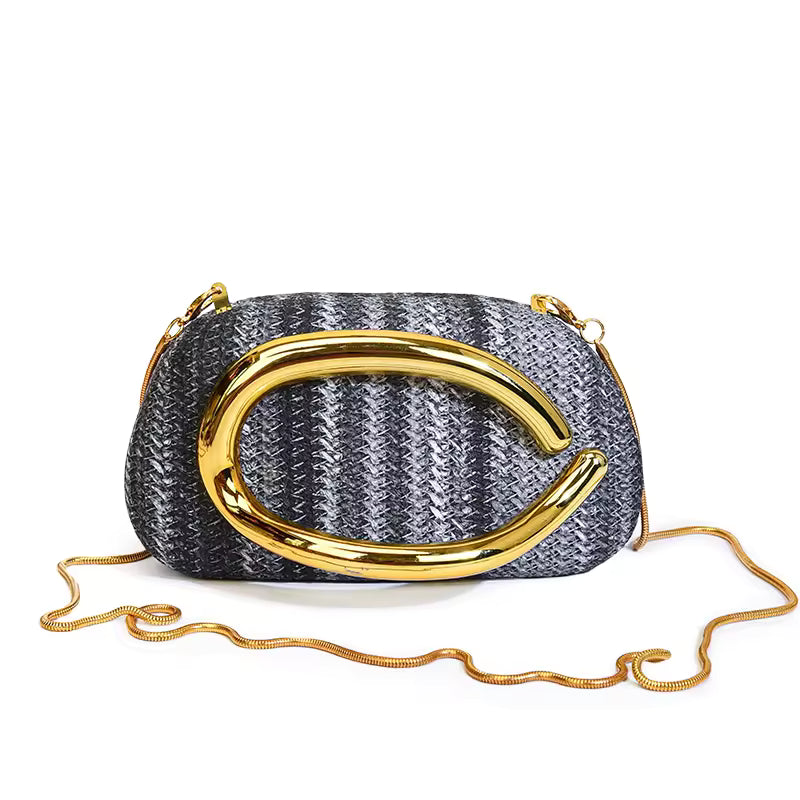 Retro Metal Handle Chain Box Handbag Colorful Grass Woven Evening Clutch