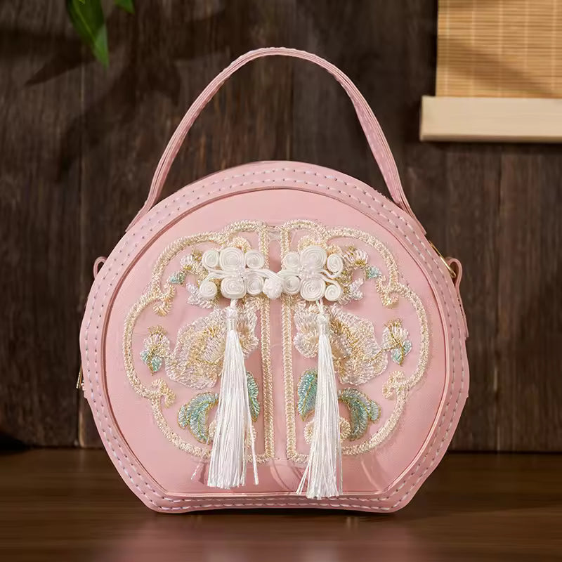 Chinese Style Embroidery Ethnic Zipper Large Capacity Sustainable PU Half Moon Handbag
