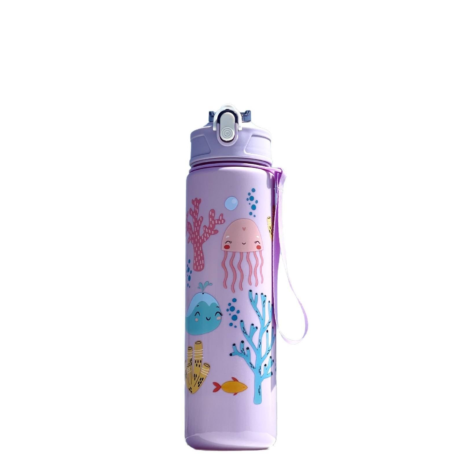 Large-Capacity Plastic Water Cup with Portable Rope Cute Cartoon Pattern Direct Straw Flow for Children's Travel