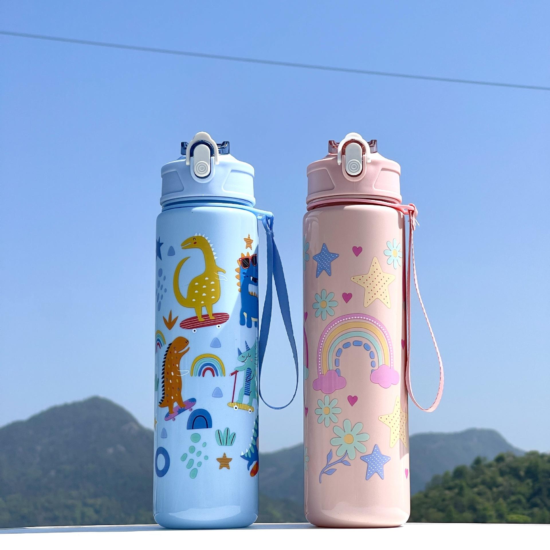 Large-Capacity Plastic Water Cup with Portable Rope Cute Cartoon Pattern Direct Straw Flow for Children's Travel