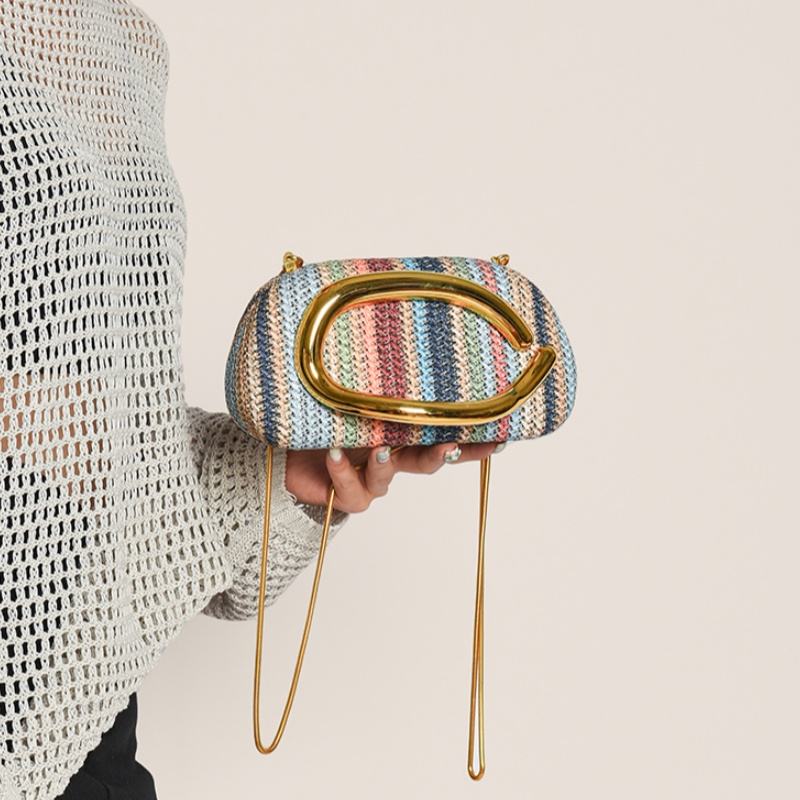 Retro Metal Handle Chain Box Handbag Colorful Grass Woven Evening Clutch