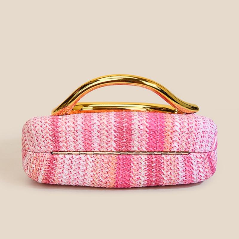 Retro Metal Handle Chain Box Handbag Colorful Grass Woven Evening Clutch