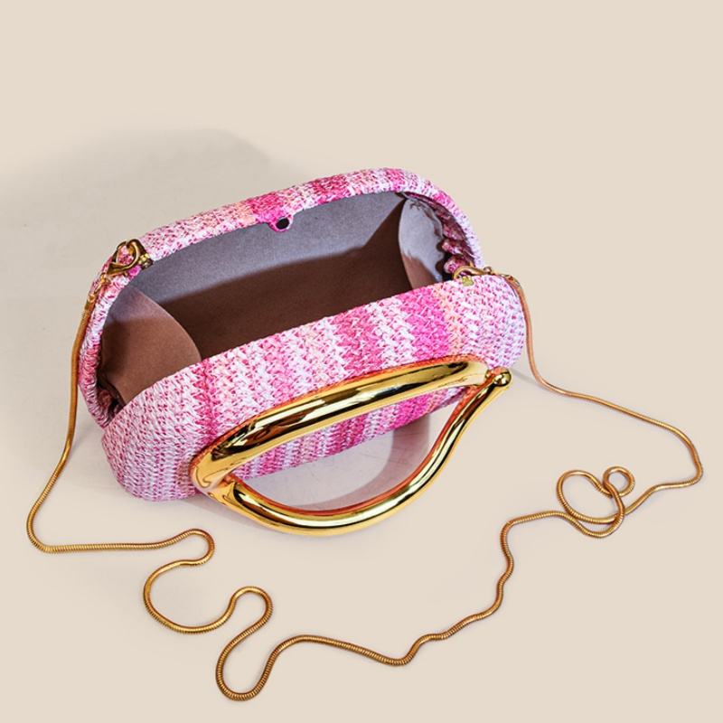 Retro Metal Handle Chain Box Handbag Colorful Grass Woven Evening Clutch
