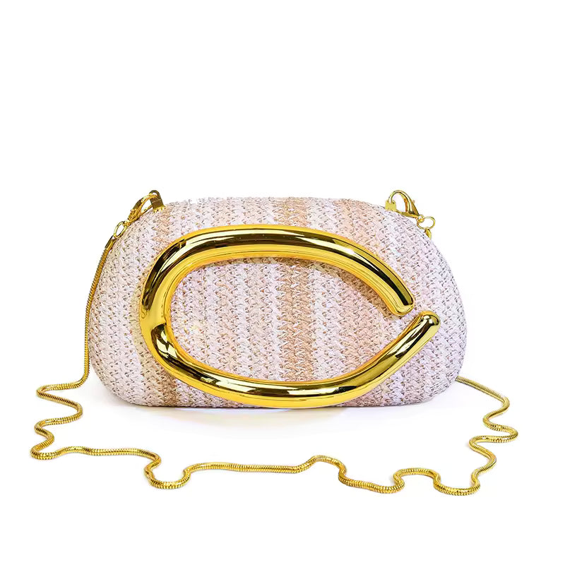 Retro Metal Handle Chain Box Handbag Colorful Grass Woven Evening Clutch