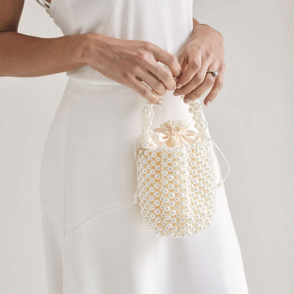 Luxury Fancy Bridal Ladies Mini Summer Wedding Evening Beaded Pearl Bucket Clutch