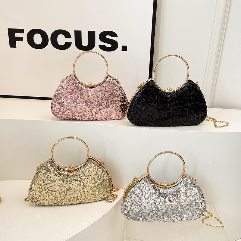 New Portable Waterproof Lady Banquet Clutch Golden Handle Flashing Sequin Women Evening
