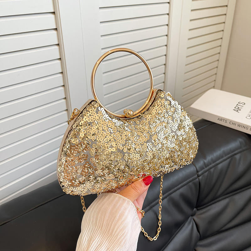 New Portable Waterproof Lady Banquet Clutch Golden Handle Flashing Sequin Women Evening