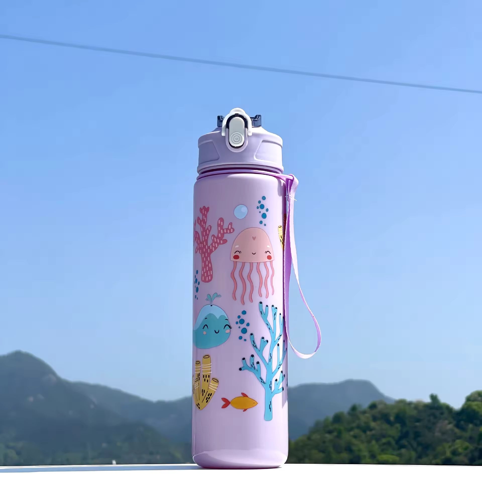 Large-Capacity Plastic Water Cup with Portable Rope Cute Cartoon Pattern Direct Straw Flow for Children's Travel