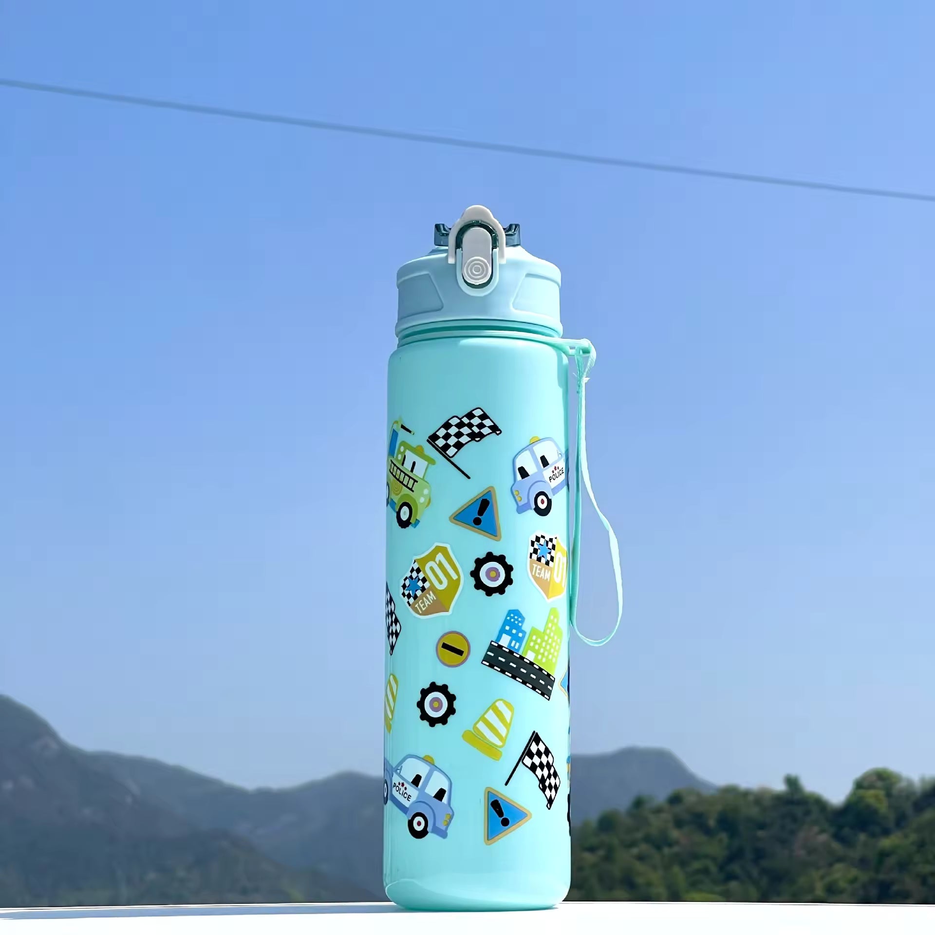 Large-Capacity Plastic Water Cup with Portable Rope Cute Cartoon Pattern Direct Straw Flow for Children's Travel