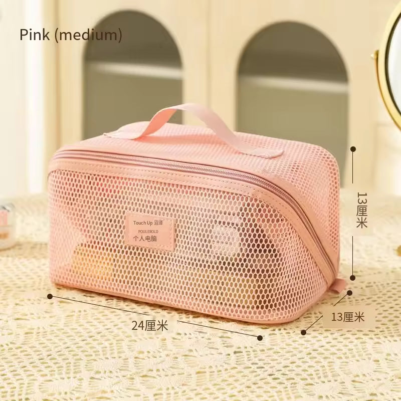 Breathable Storage Beauty Mesh Splicing Large Opening Makeup Bag with Zipper Closure
