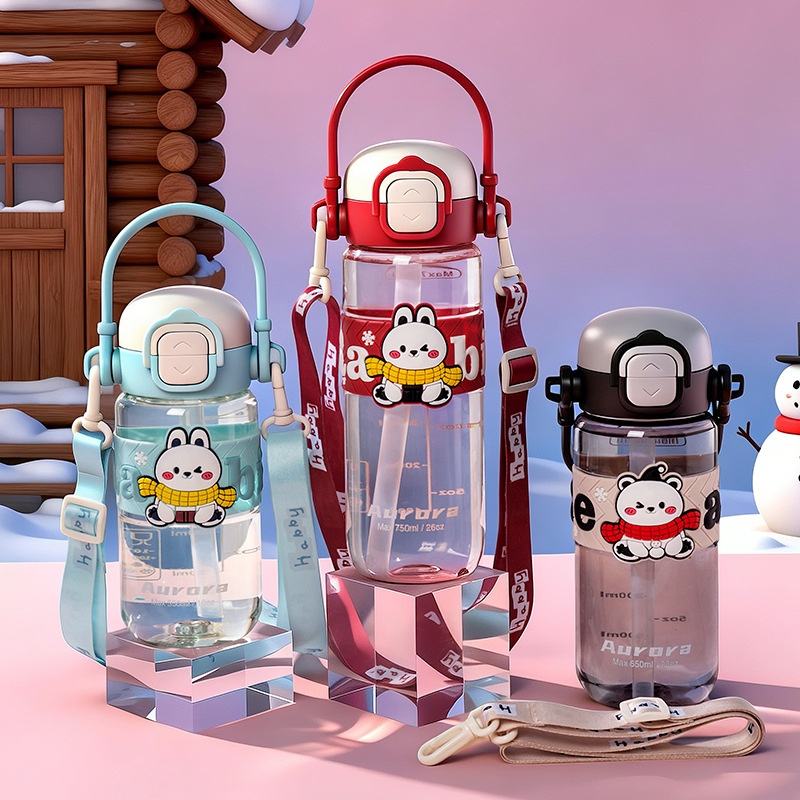 Cartoon Cute Portable Leakproof Double Drinking Straw Cup 600ml Direct Drinking Safe Men Women Children Food Grade Plastic