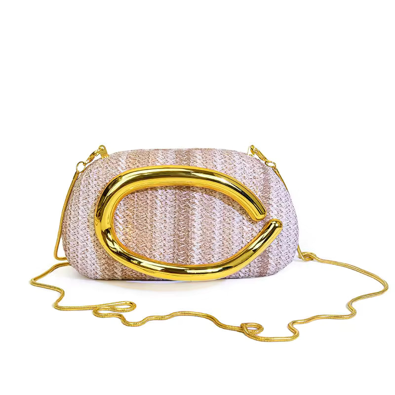 Retro Metal Handle Chain Box Handbag Colorful Grass Woven Evening Clutch