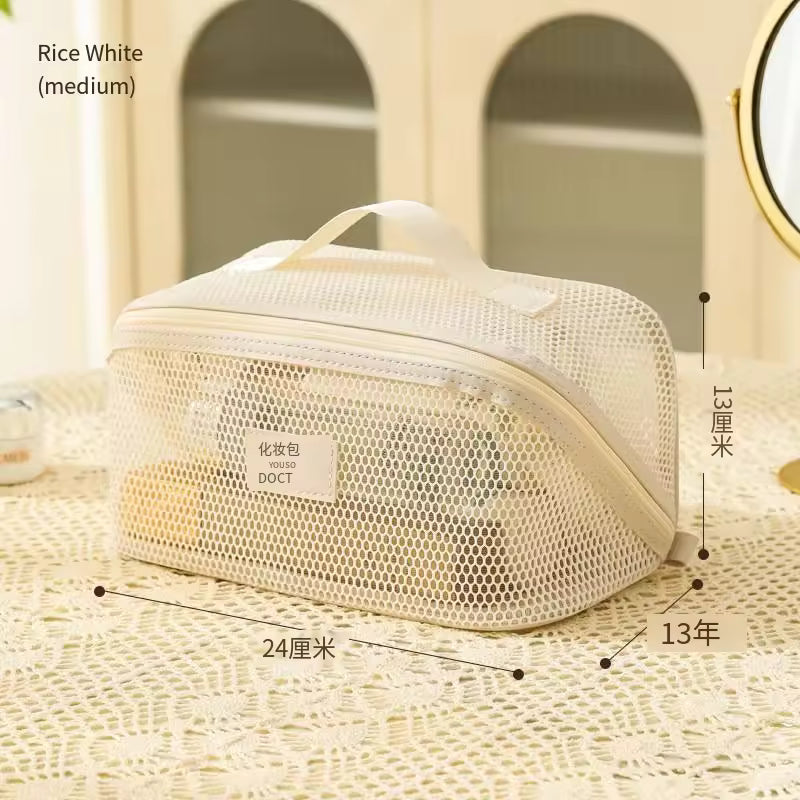 Breathable Storage Beauty Mesh Splicing Large Opening Makeup Bag with Zipper Closure