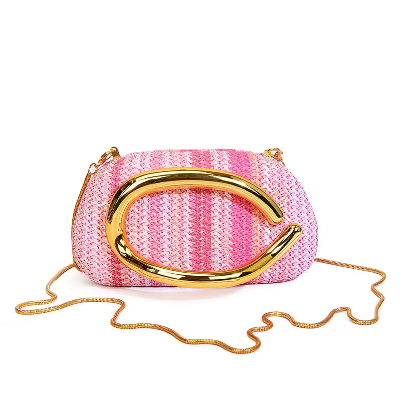 Retro Metal Handle Chain Box Handbag Colorful Grass Woven Evening Clutch