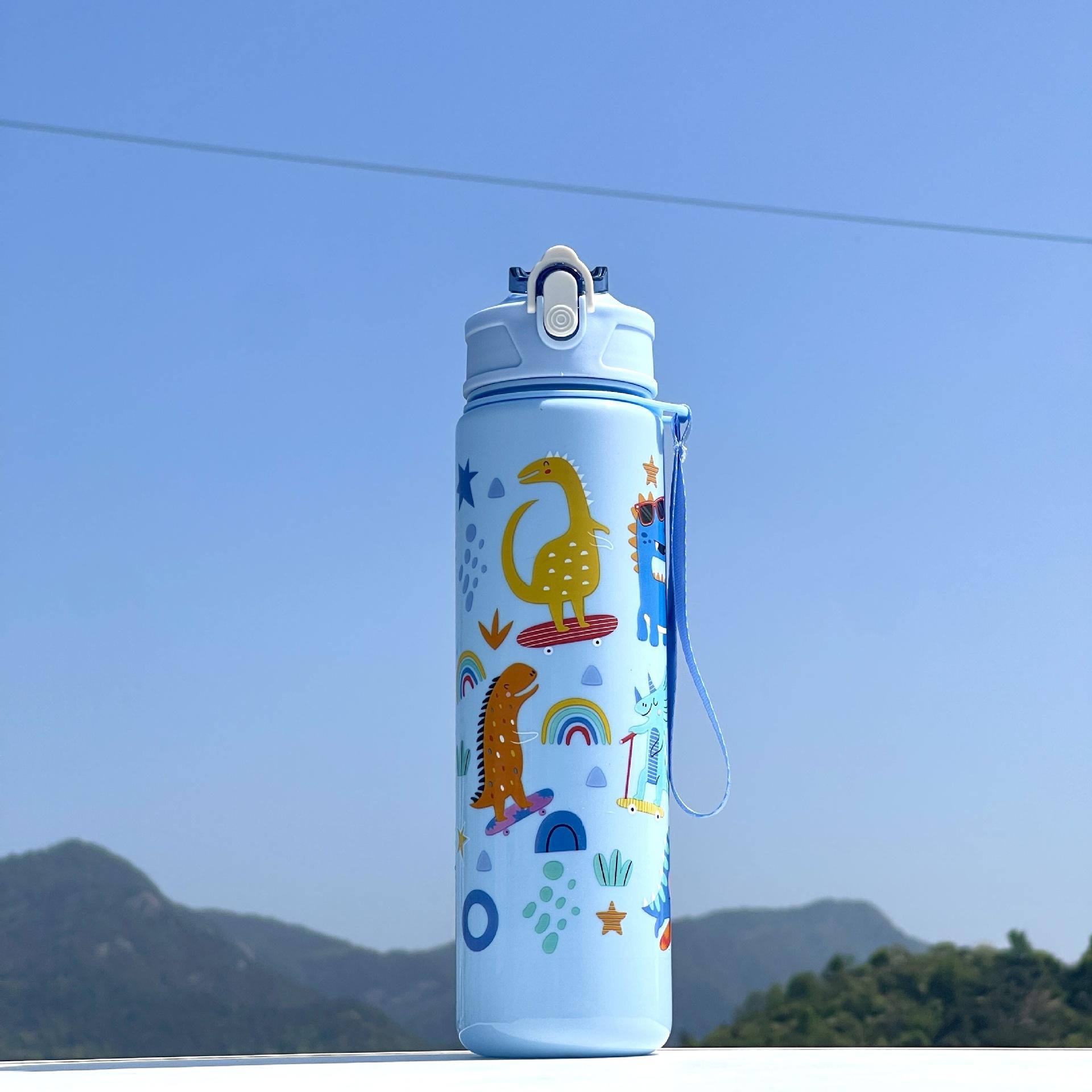 Large-Capacity Plastic Water Cup with Portable Rope Cute Cartoon Pattern Direct Straw Flow for Children's Travel