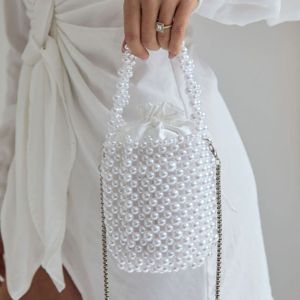 Luxury Fancy Bridal Ladies Mini Summer Wedding Evening Beaded Pearl Bucket Clutch