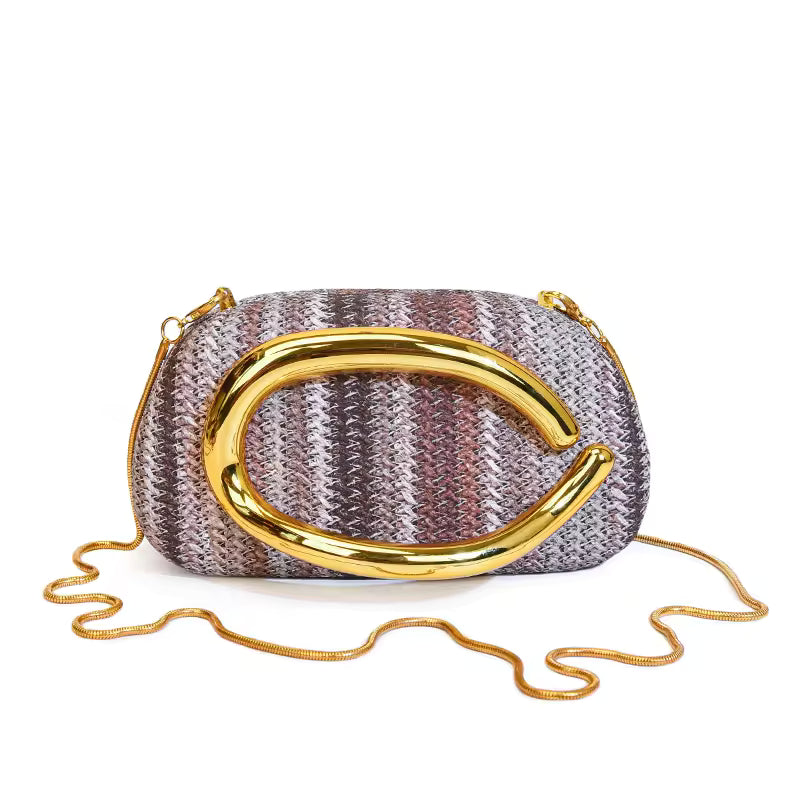 Retro Metal Handle Chain Box Handbag Colorful Grass Woven Evening Clutch