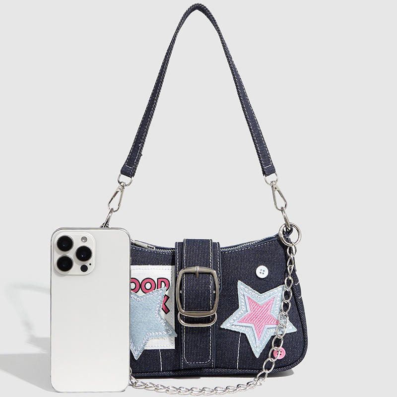 Retro Mini Handbag for Women Colorblock Star Chain Shoulder Crossbody Bag Cute Kawaii Punk Style Bag for Girls and Students
