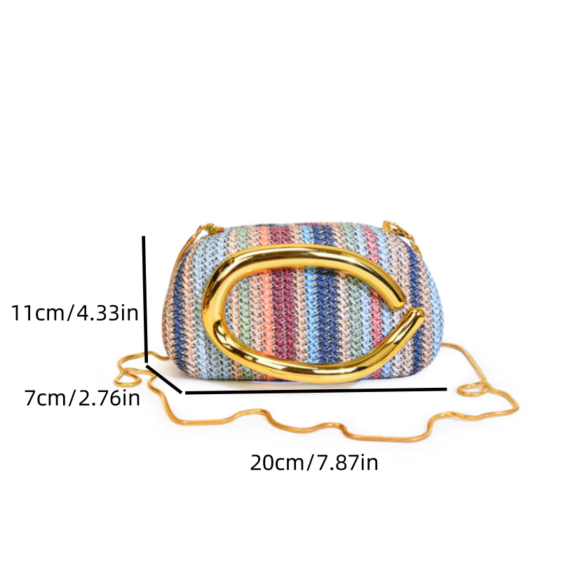 Retro Metal Handle Chain Box Handbag Colorful Grass Woven Evening Clutch