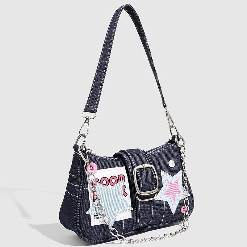 Retro Mini Handbag for Women Colorblock Star Chain Shoulder Crossbody Bag Cute Kawaii Punk Style Bag for Girls and Students