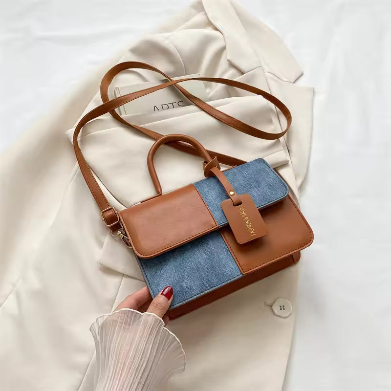 PU Leather Ladies Handbags Square Underarm Crossbody Bag with Block Splice Women's Shoulder Bags