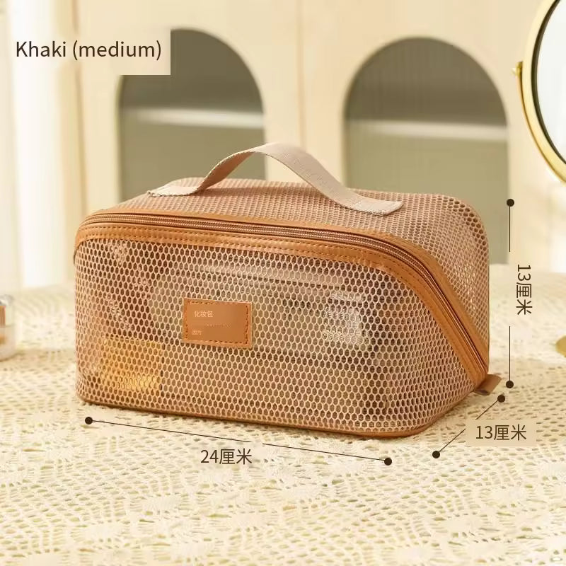 Breathable Storage Beauty Mesh Splicing Large Opening Makeup Bag with Zipper Closure