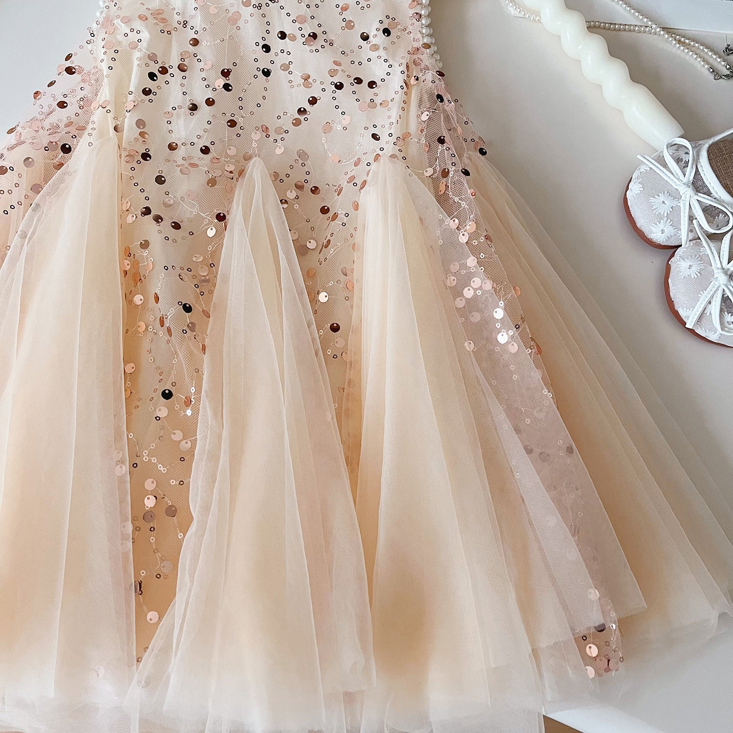 Summer New Korean Girls Beaded Sleeveless Dress Girls Sequined Mesh Princess Dress