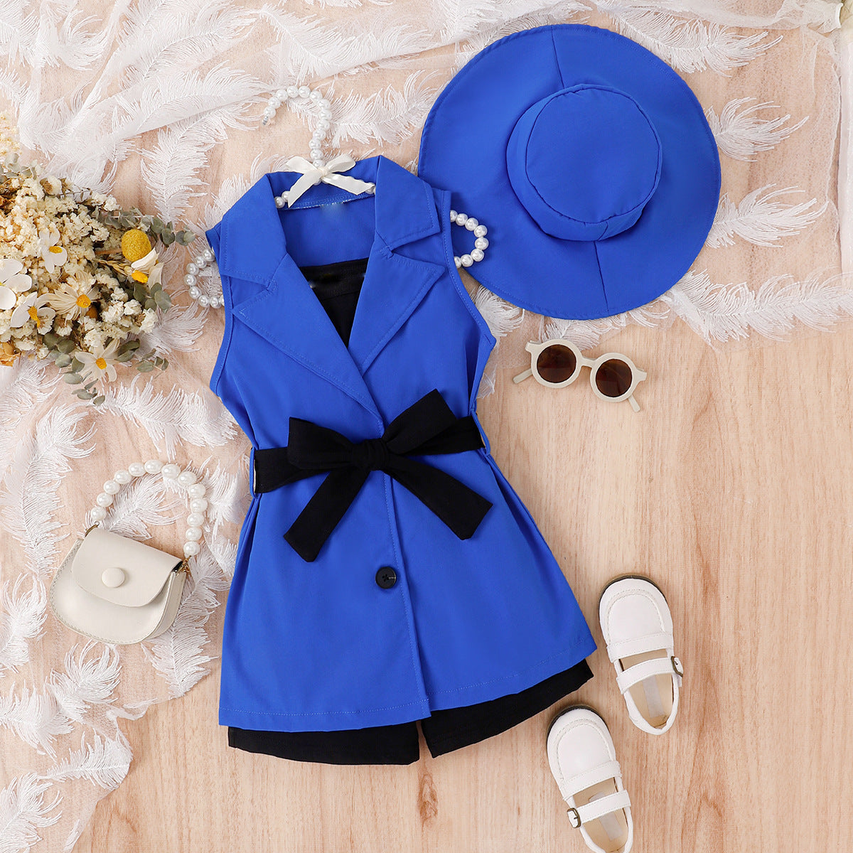 Girls suits for small and medium-sized children: suspender bottom + shorts + sleeveless suit jacket + hat 4Pcs set