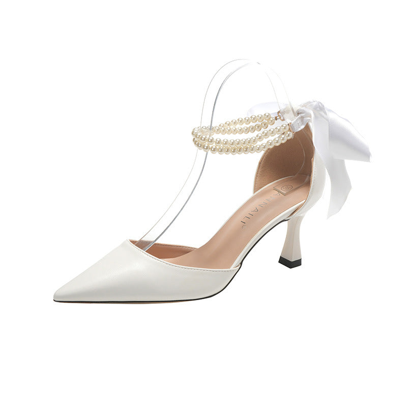 Hollow Pearl Chain Bow White Wedding Shoes