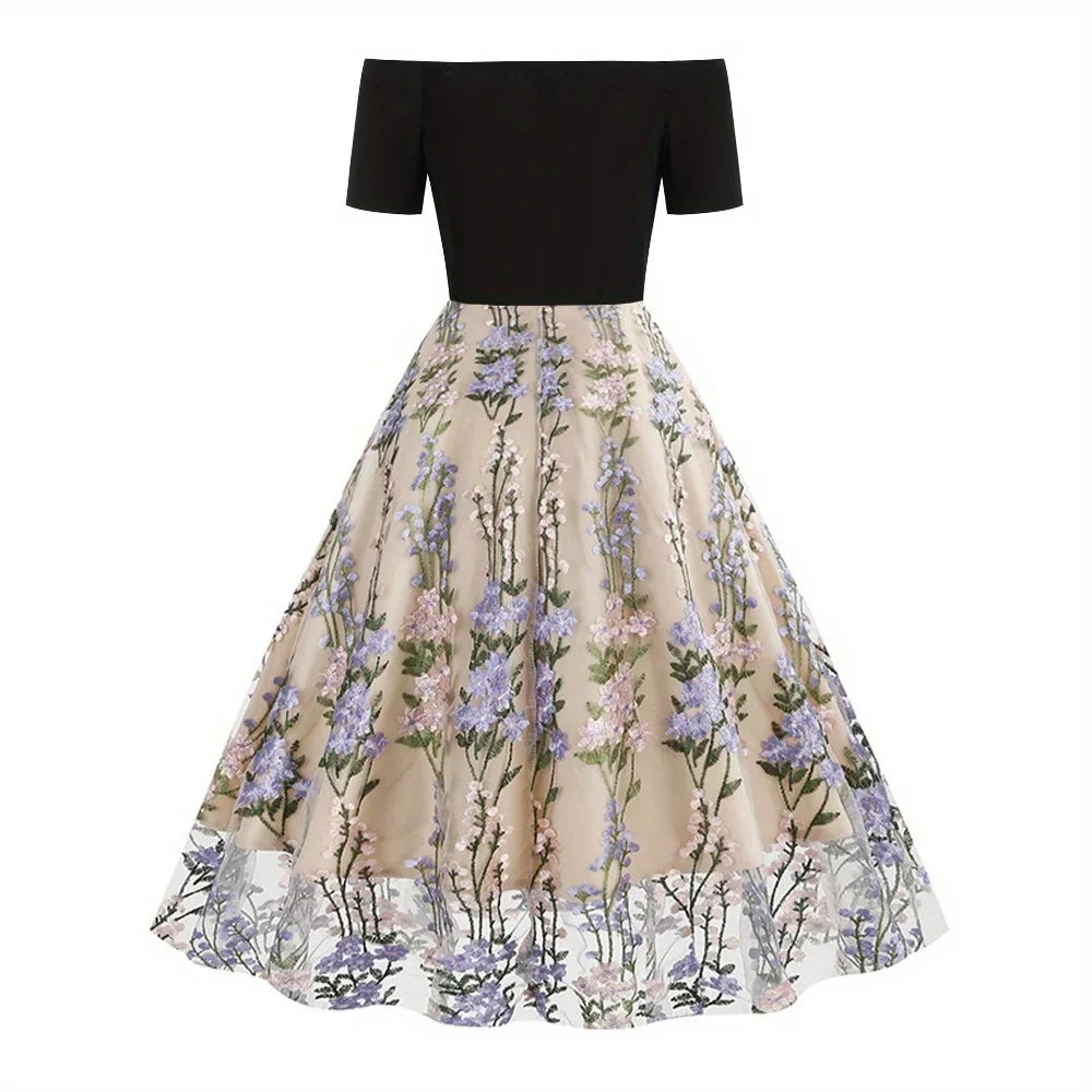 New Fall & Winter Western Retro Off-the-Shoulder Dress - Tulle Paneled Evening Gown