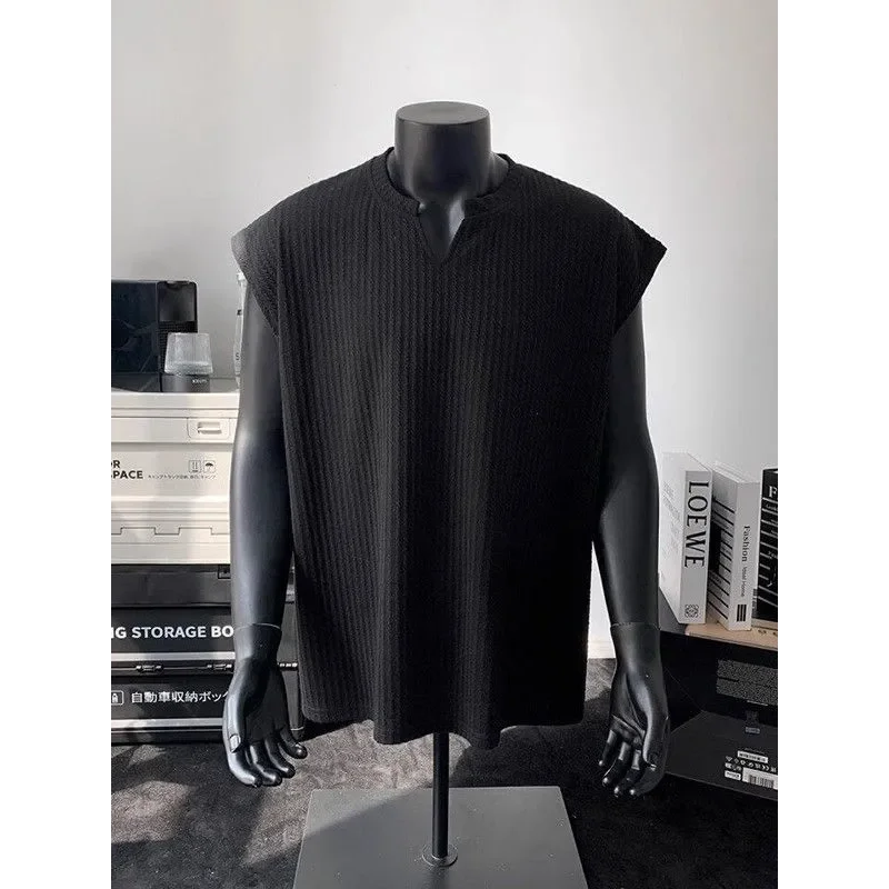 Striped Vest Men's Summer American Sleeveless V-Neck T-Shirt Textured Solid Fitness Sweatshirt