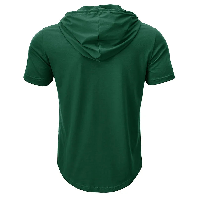 Men's Short-sleeved T-shirts for Sports and Fitness American-style Henley Shirt Hooded Top