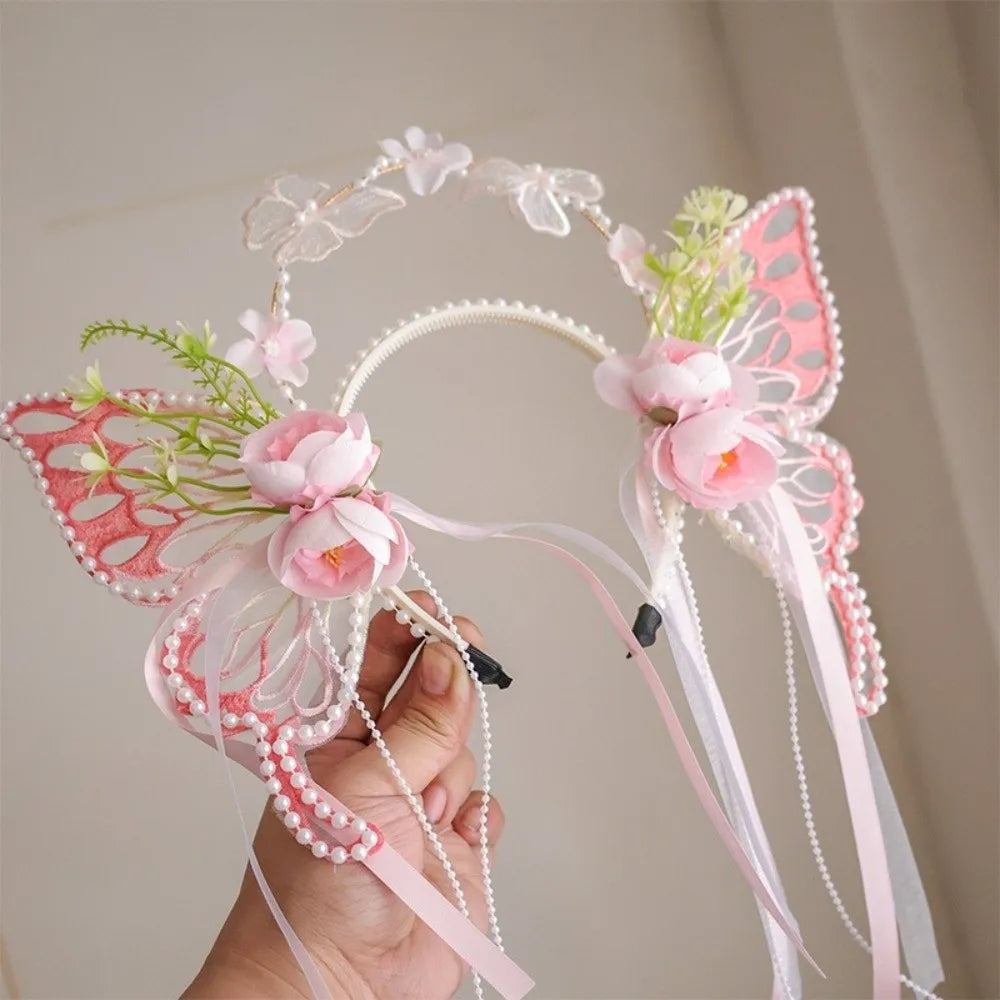 Fresh Sweet Butterfly Flowers Hairband Pearl Beads Silk Ribbon Floral Headwear Fairy Hair Jewelry Decorative Headwear Women Wear