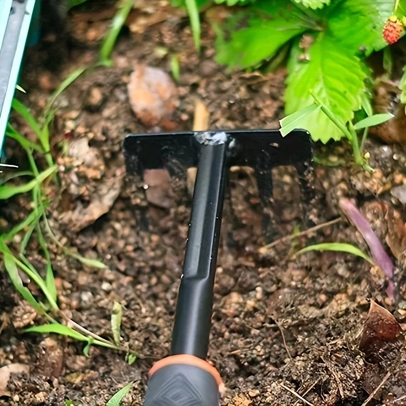 Gardening Tools Including a Small Shovel for Planting Flowers, a Five-Pronged Rake, a Double-Headed Rake